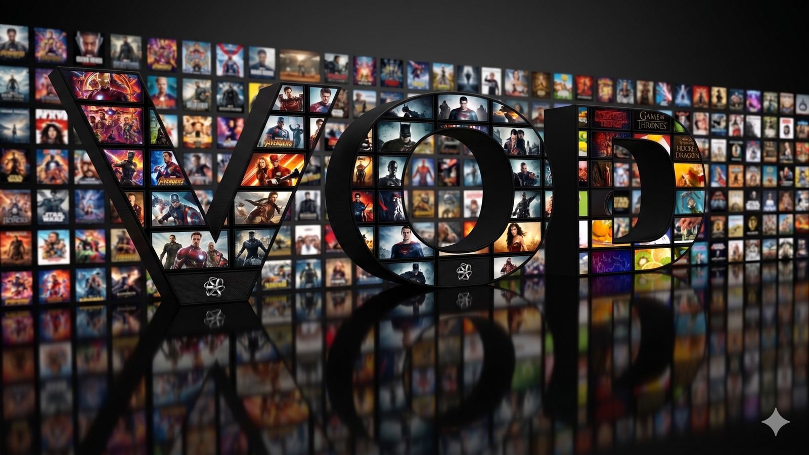 3D VOD lettering filled with high-quality movie posters including Marvel superheroes, DC characters, and trending TV shows like Game of Thrones and House of the Dragon, on a glossy black reflective surface.