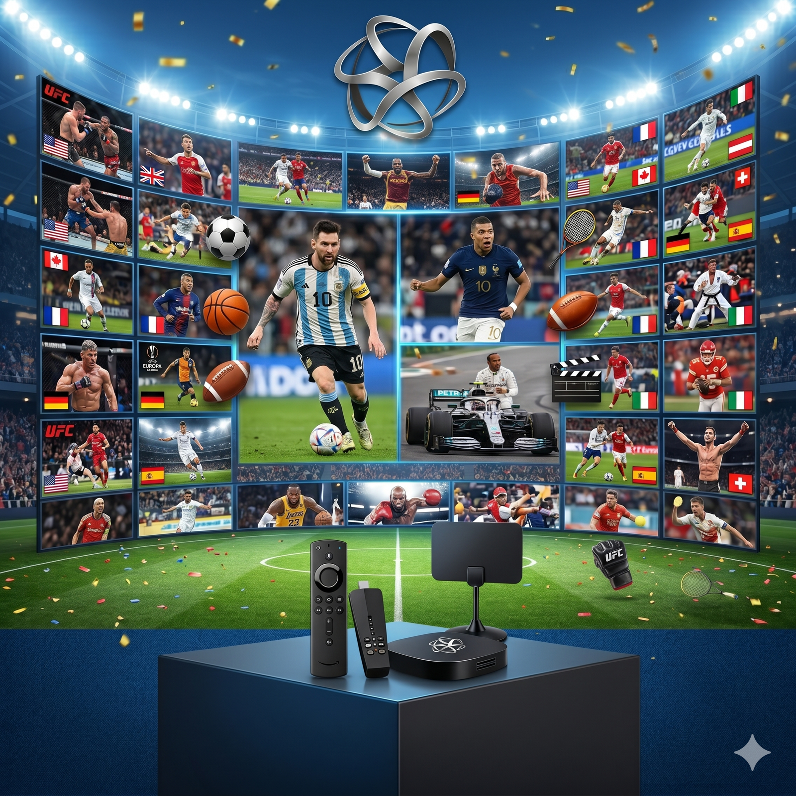 Mur d'&eacute;crans haute d&eacute;finition diffusant du football avec Messi et Mbapp&eacute;, de la Formule 1 avec Hamilton et du basketball NBA avec LeBron James, service IPTV StreamQTV.